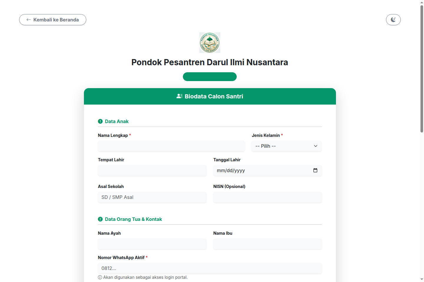 Pendaftaran santri baru (PSB) online — tampilan asli SantriPlus